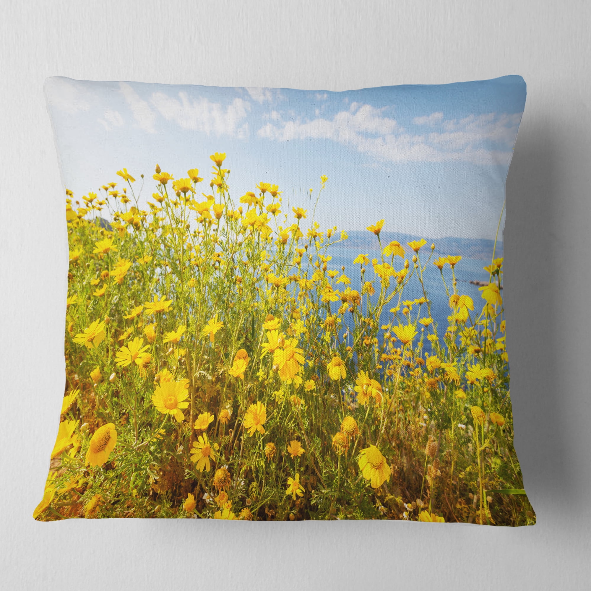 Designart Little Yellow Flowers over Seashore - Flower Throw Pillow - 16x16