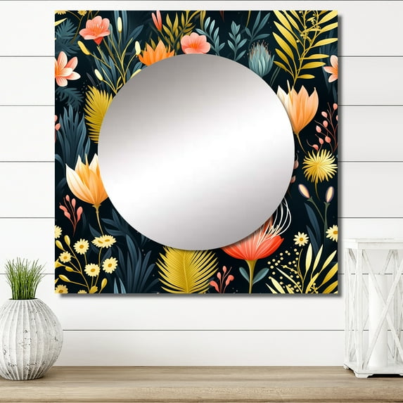 Designart "Lively Coastal Flora" floral Square Mirror For Wall Decor - Large Pink Square Mirror Printed Wall Decor - Cottage Square Living Room Mirror