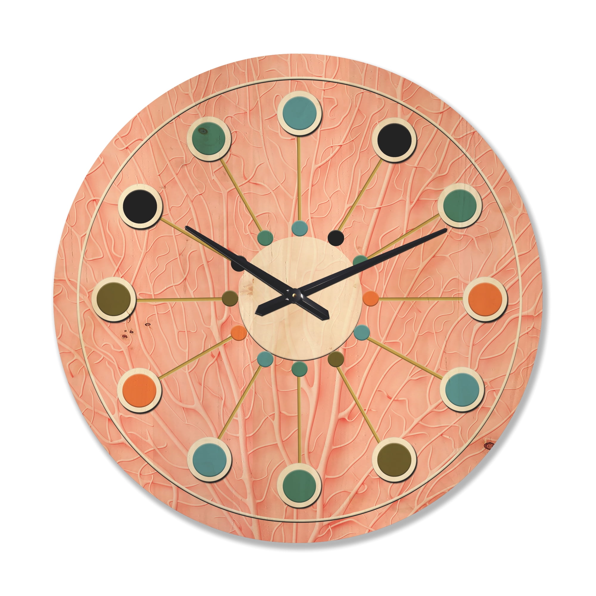 Designart 'Living Botanical Coral Pink' Mid-Century Modern Wood Wall Clock