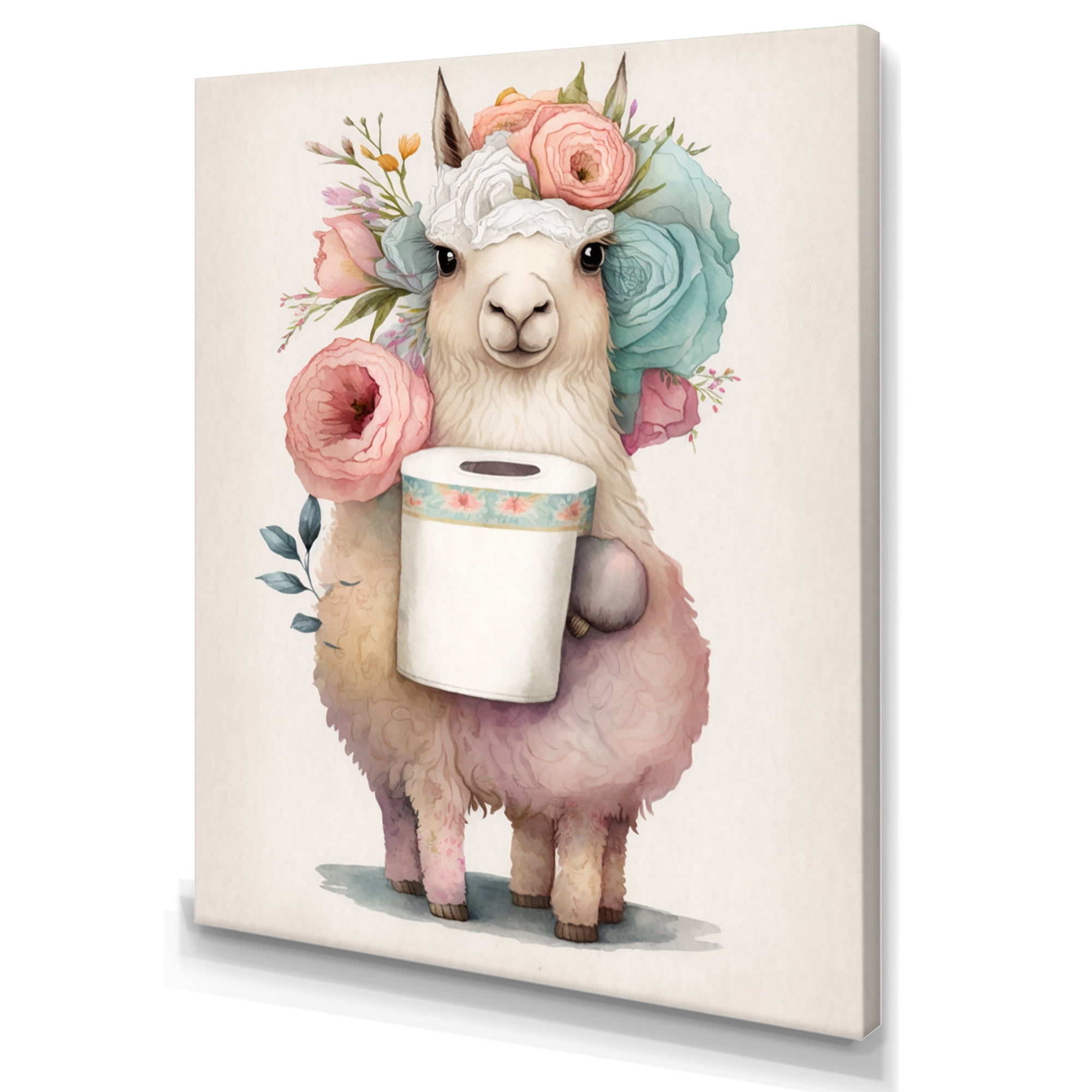 Designart Llama Building A Tower Of Toilet Paper With Flowers II Canvas Wall Art