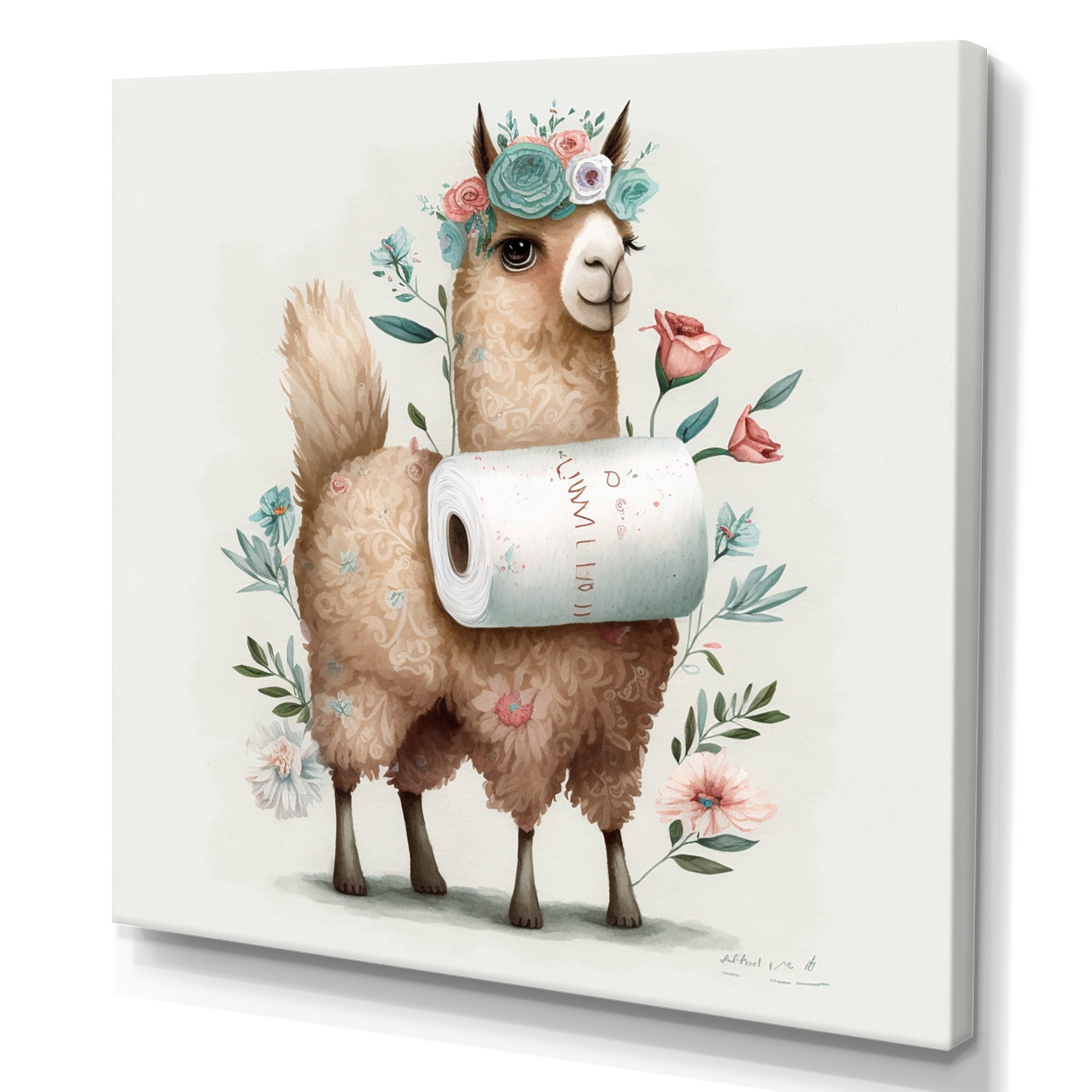 Designart Llama Building A Tower Of Toilet Paper With Flowers IV Canvas Wall Art