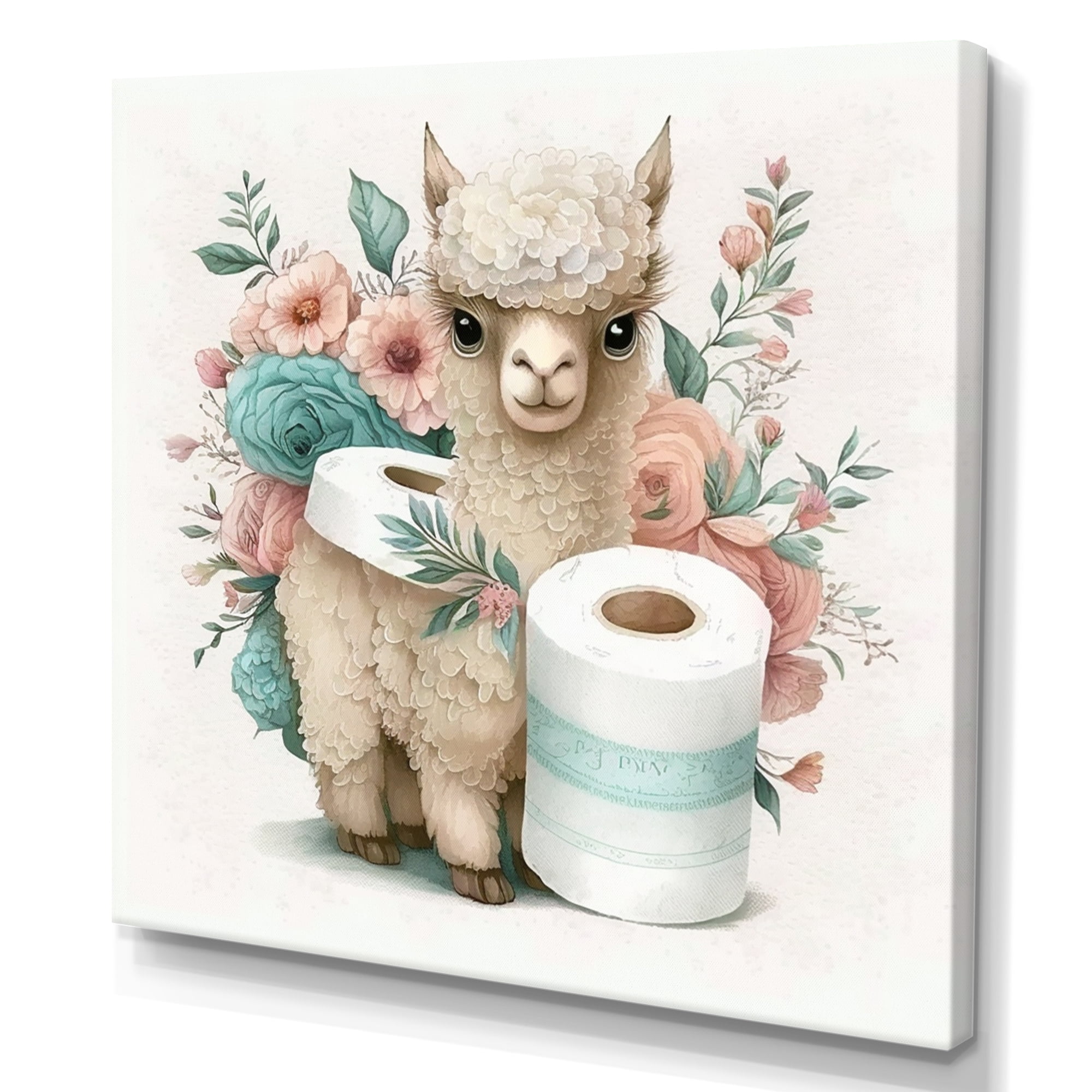 Designart Llama Building A Tower Of Toilet Paper With Flowers V Canvas Wall Art