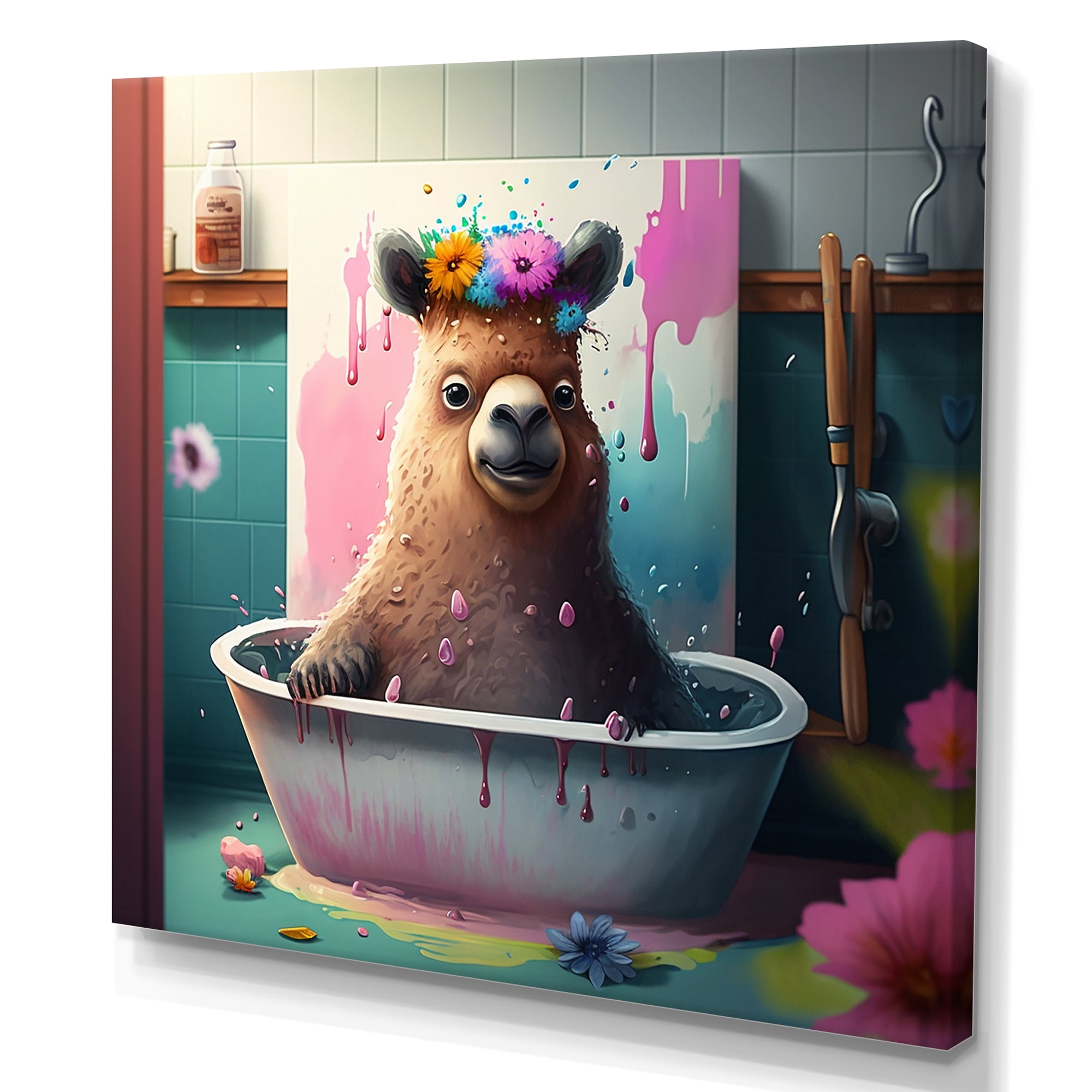 Designart Llama Making A Mess In The Tub I Canvas Wall Art