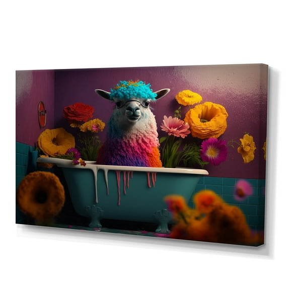 Designart Llama Making A Mess In The Tub II Canvas Wall Art