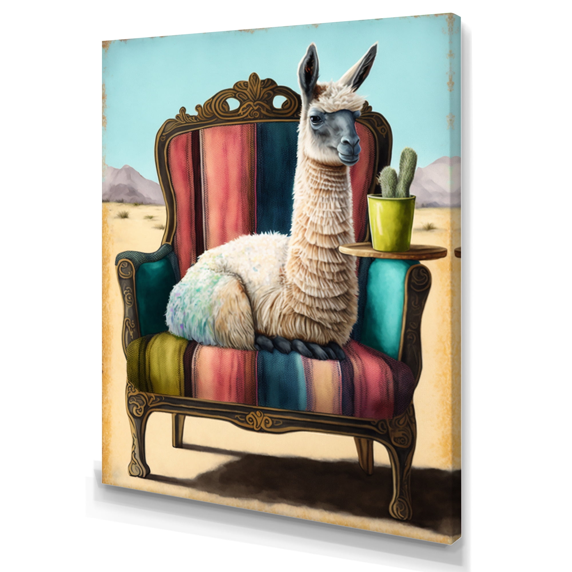 Designart Llama Sitting On Lounge Chair In The Dessert Canvas Wall Art