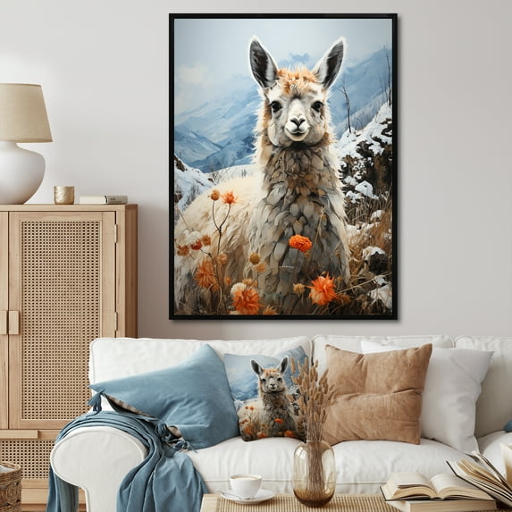Designart "Llama horizon In Winter" Animals Floater Framed Wall Decor