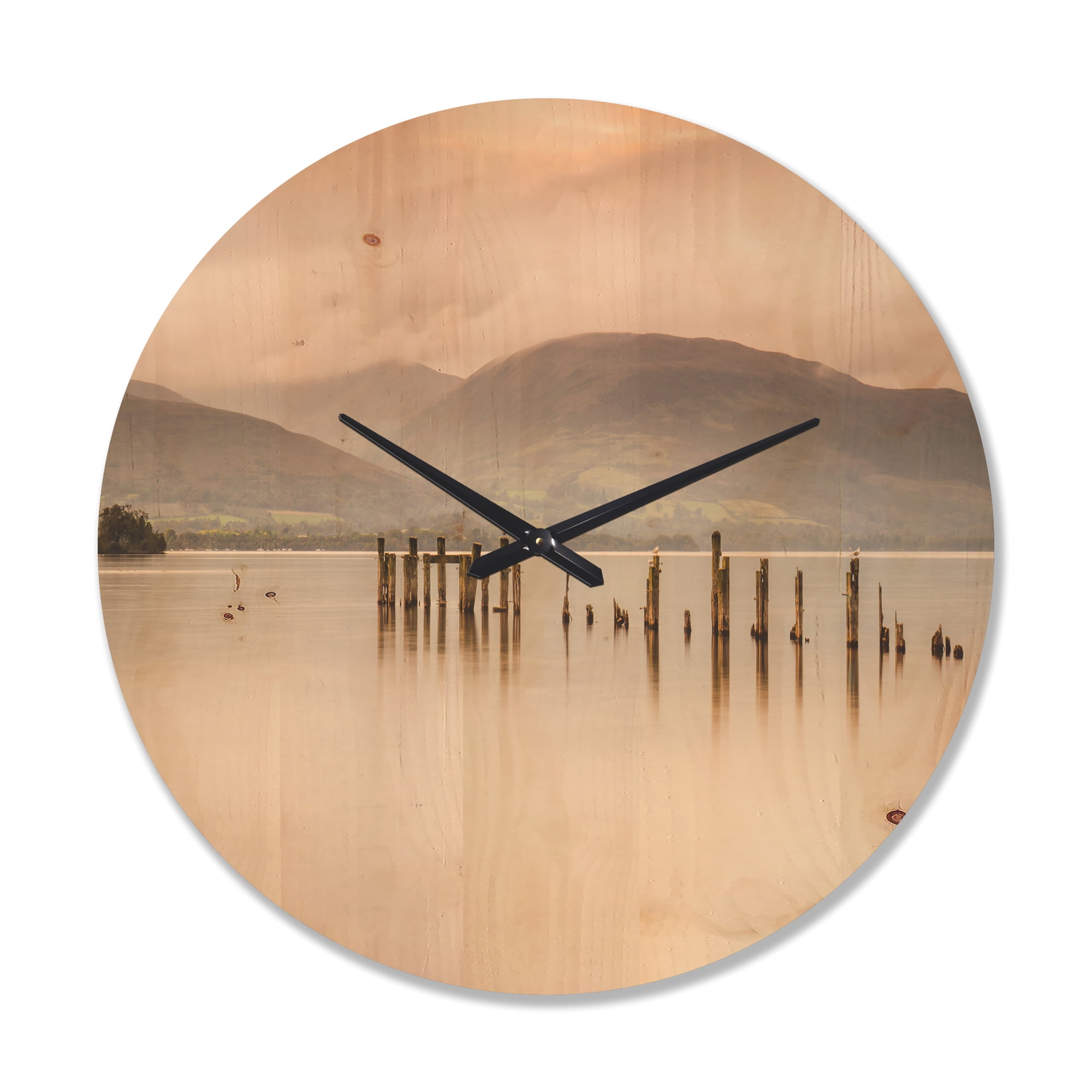 Designart 'Loch Lomond Jetty and Mountains Landscape' Modern Wood Wall Clock