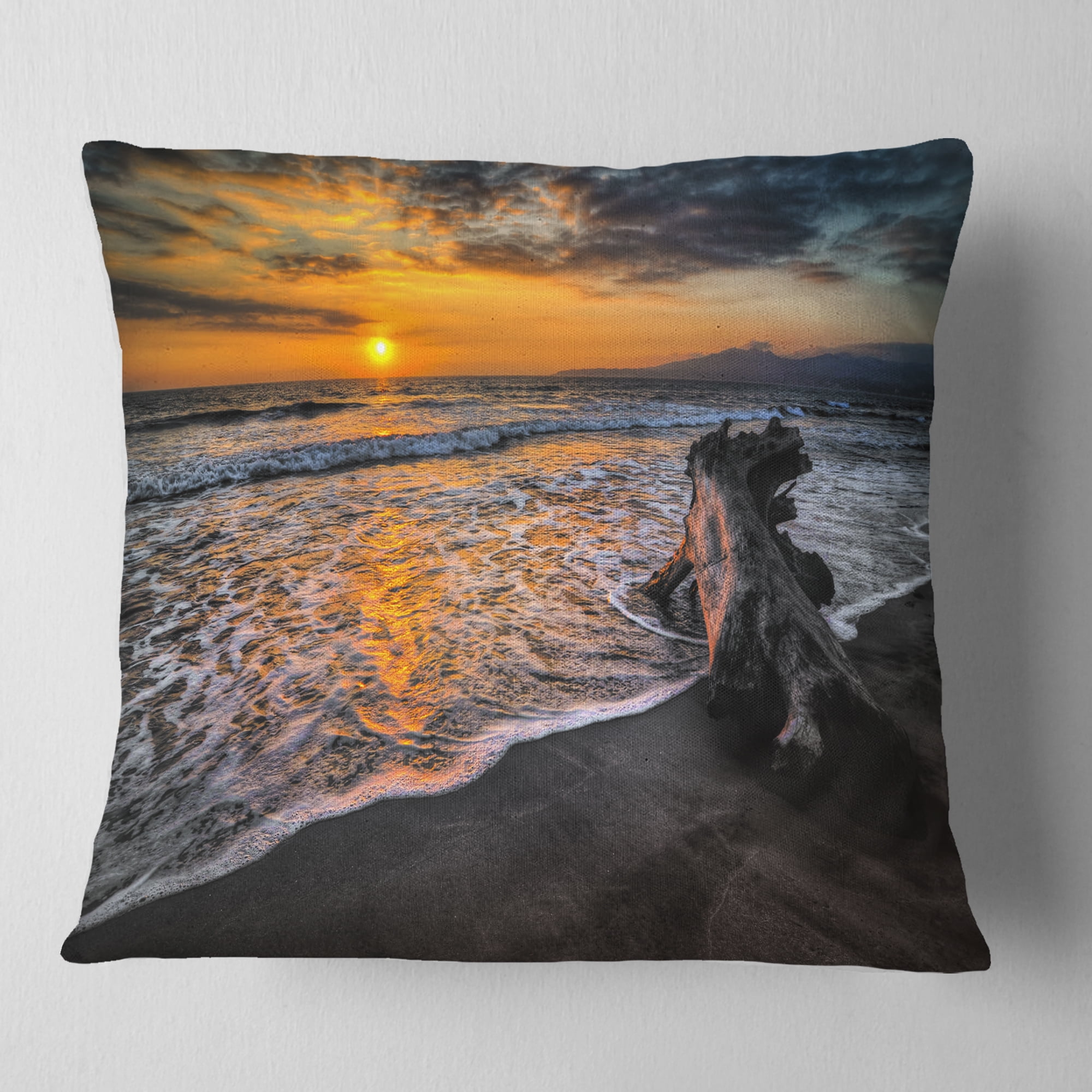 Designart Log on Beach During Sunset - Seashore Throw Pillow - 18x18