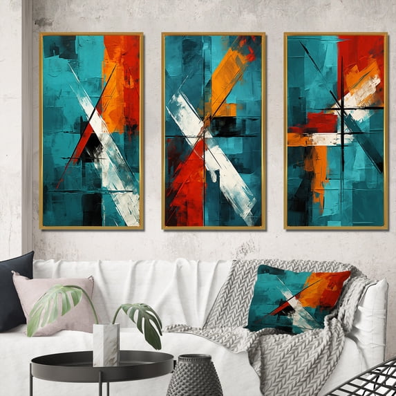Designart "Logic of Love Abstract in Teal II" Abstract Painting Framed Wall Art Set Of 3 - Red Modern Frame Gallery Set For Office Decor
