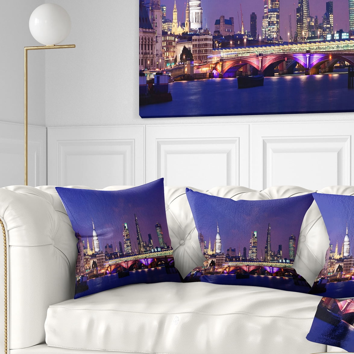 Designart London Night Panorama - Cityscape Photo Throw Pillow - 18x18