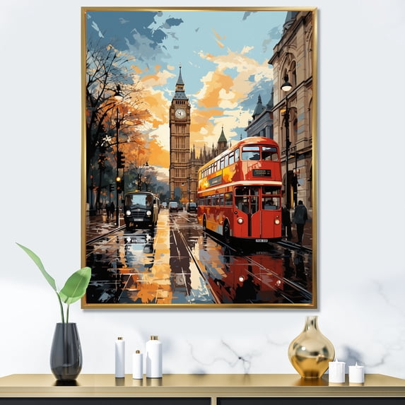 Designart "London Popart City in Red and Beige II" Cityscapes Floater Framed Wall Art Living Room