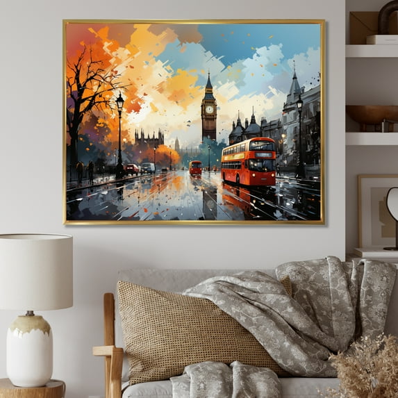 Designart "London Popart City in Red and Beige III" Cityscapes Floater Framed Wall Decor
