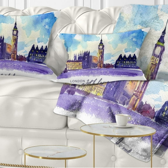 Designart London Purple Illustration - Cityscape Painting Throw Pillow - 12x20