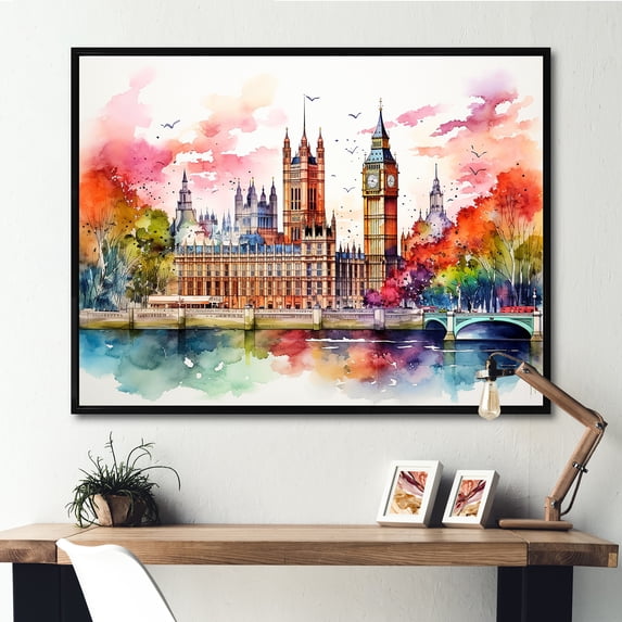 Designart "London Skylines at Sunset Big Ben II" Cityscapes Framed Wall Art - Industrial Yellow London Entryway Framed Wall Art Print