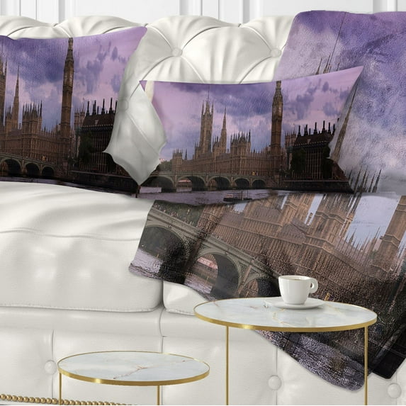 Designart London with Purple Sky at Sunset - Cityscape Photo Throw Pillow - 12x20