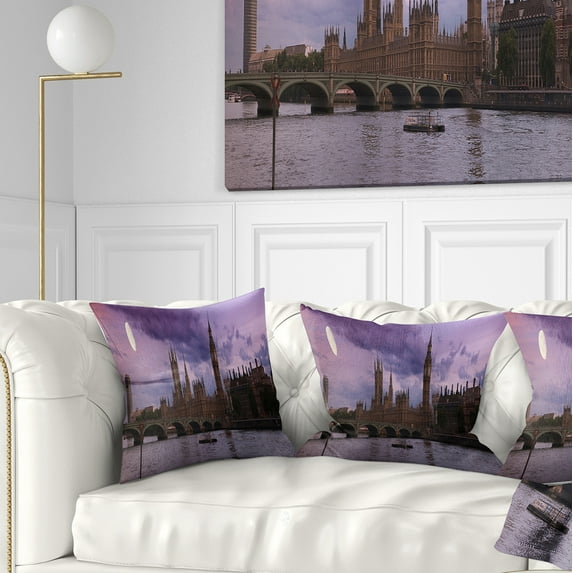 Designart London with Purple Sky at Sunset - Cityscape Photo Throw Pillow - 18x18