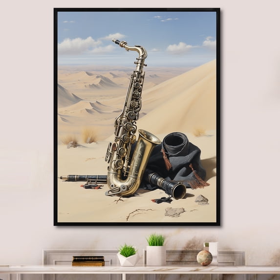 Designart "Lone Desert Sax in Gold" Music Framed Wall Art - Vintage Gold Music Entryway Framed Wall Art