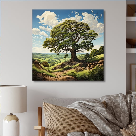 Designart "Lone Oak Countryside painting" Landscapes Canvas Print