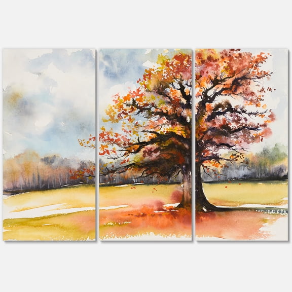 Designart ' Lone Oak Tree In The Fields With Autum Leaves ' Traditional Canvas Wall Art Print