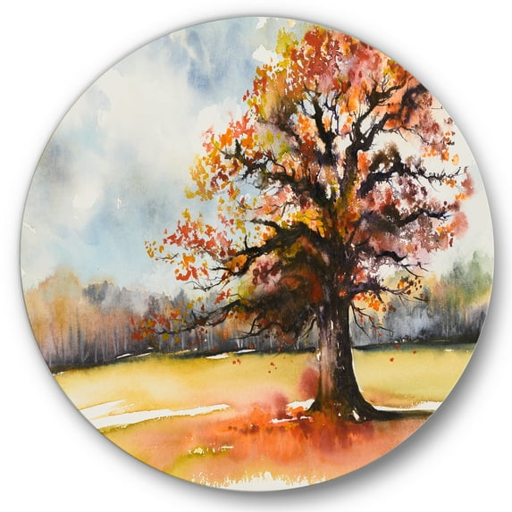 Designart 'Lone Oak Tree In The Fields With Autum Leaves' Traditional Circle Metal Wall Art 29x29 - Disc of 29