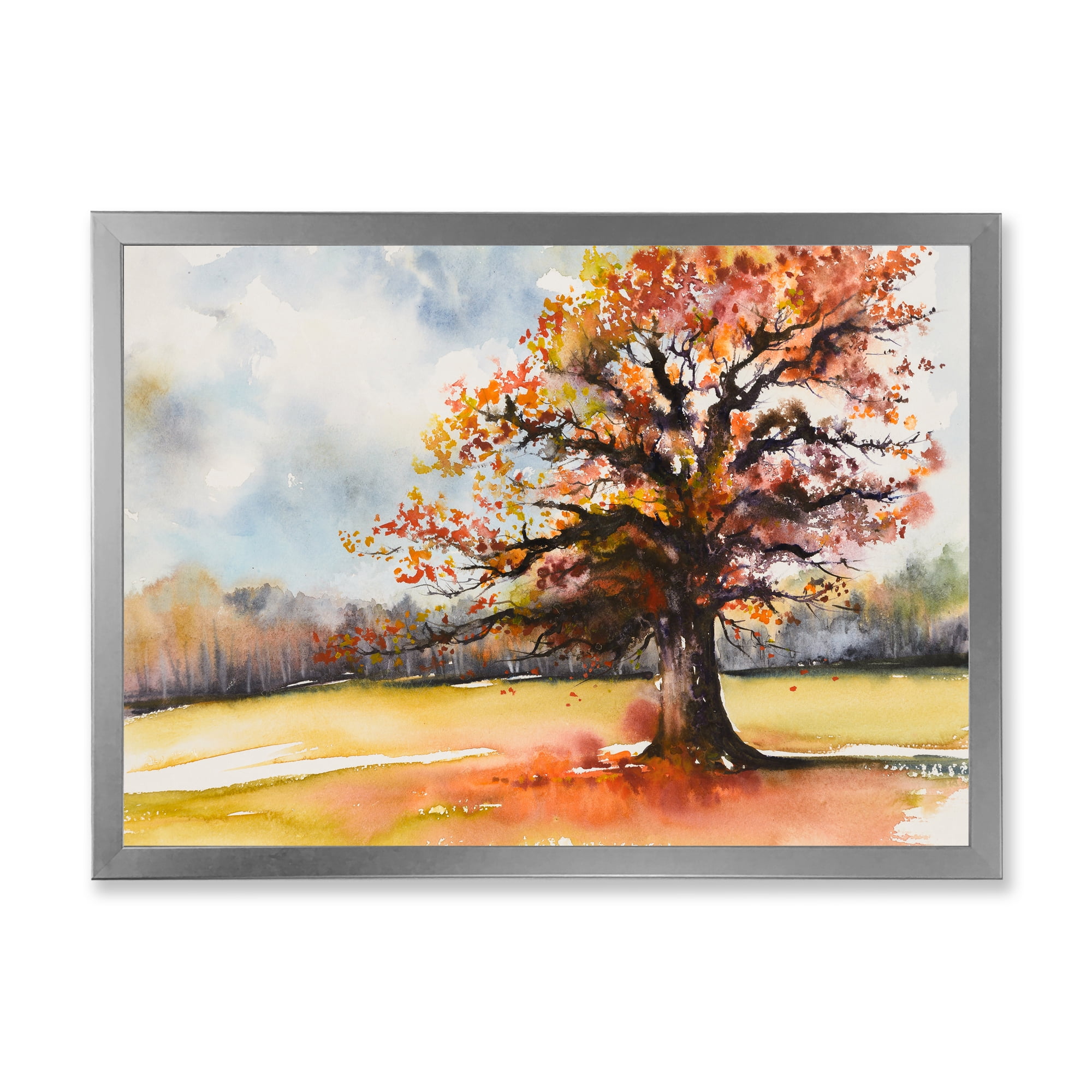 Designart 'Lone Oak Tree In The Fields With Autum Leaves' Traditional Framed Art Print