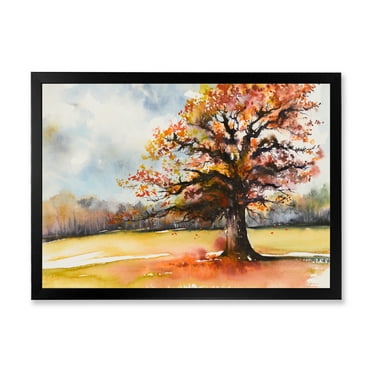 Designart 'Lone Oak Tree In The Fields With Autum Leaves' Traditional Framed Art Print