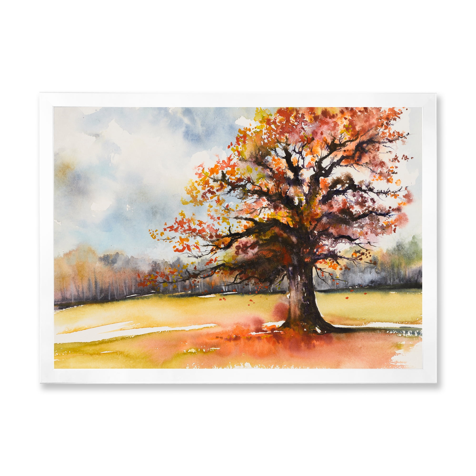 Designart 'Lone Oak Tree In The Fields With Autum Leaves' Traditional Framed Art Print