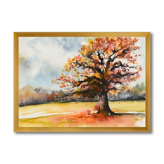 Designart 'Lone Oak Tree In The Fields With Autum Leaves' Traditional Framed Art Print