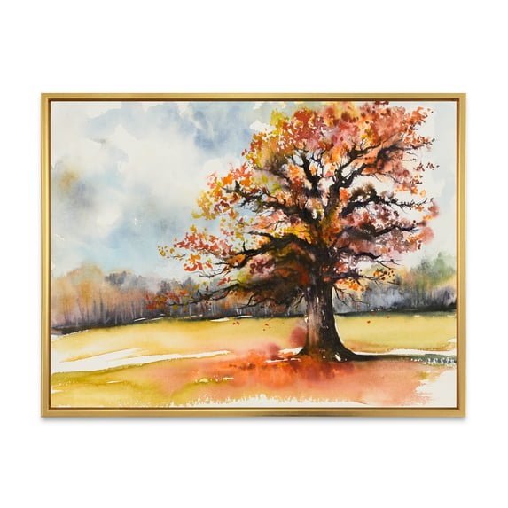 Designart 'Lone Oak Tree In The Fields With Autum Leaves' Traditional Framed Canvas Wall Art Print