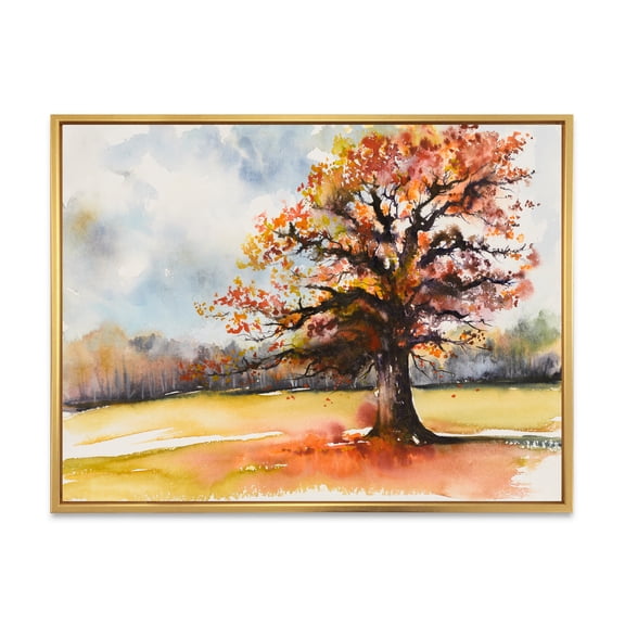 Designart 'Lone Oak Tree In The Fields With Autum Leaves' Traditional Framed Canvas Wall Art Print