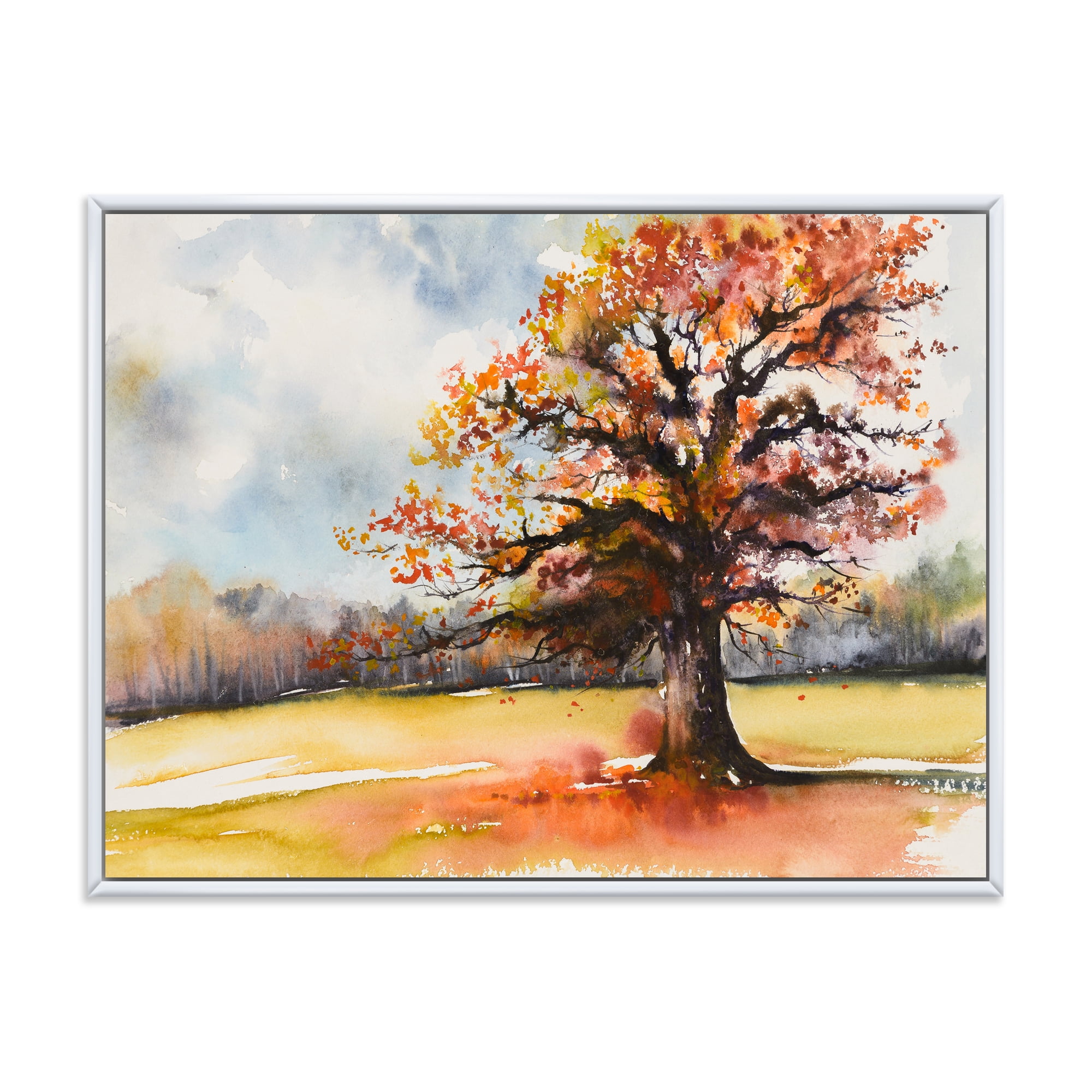 Designart 'Lone Oak Tree In The Fields With Autum Leaves' Traditional Framed Canvas Wall Art Print