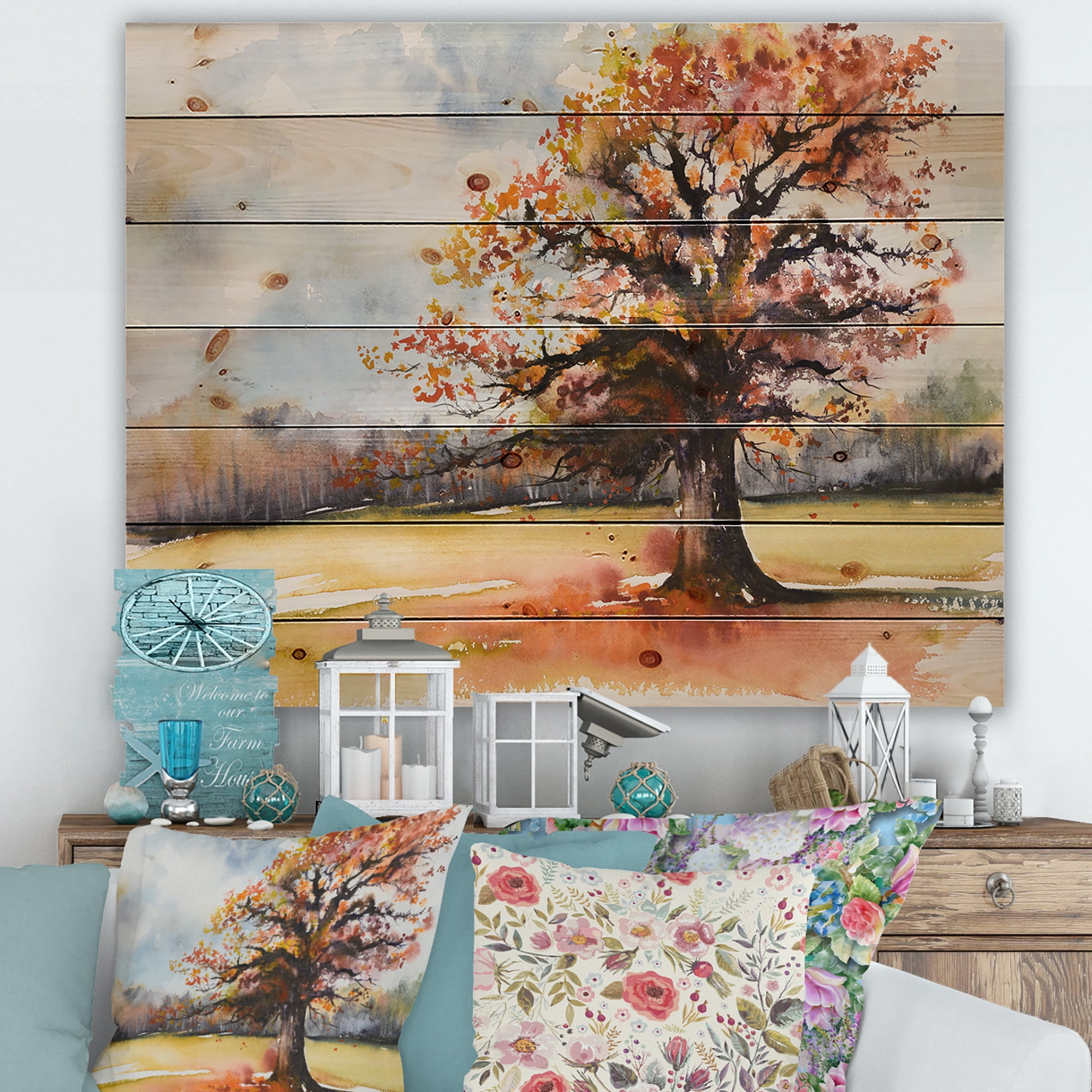 Designart 'Lone Oak Tree In The Fields With Autum Leaves' Traditional Print on Natural Pine Wood