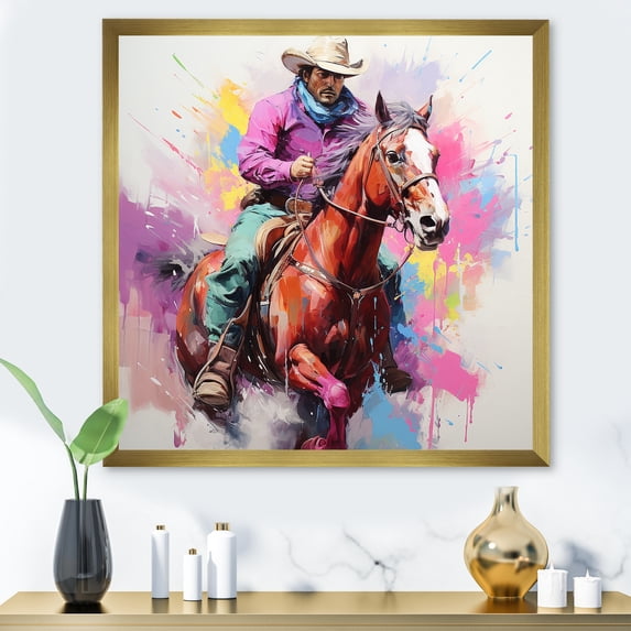 Designart "Lone Rider Cowboy in Pop Art" People Framed Wall Art Decor - International Brown Cowboys Living Room Framed Canvas Art