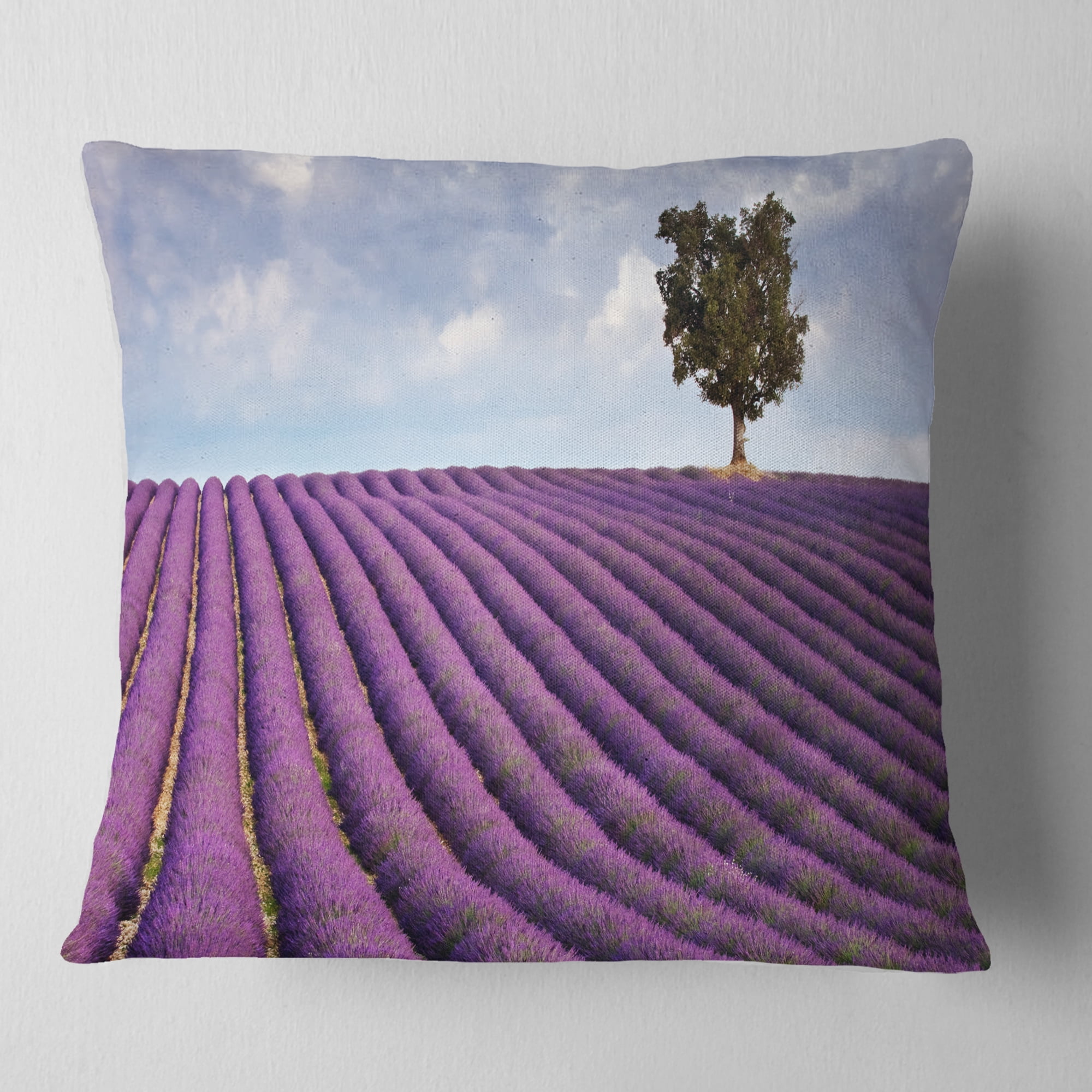 Designart Lone Tree in Provence Lavender Field - Landscape Printed Throw Pillow - 18x18