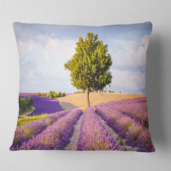 Designart Lonely Green Tree in Lavender Field - Landscape Printed Throw Pillow - 18x18