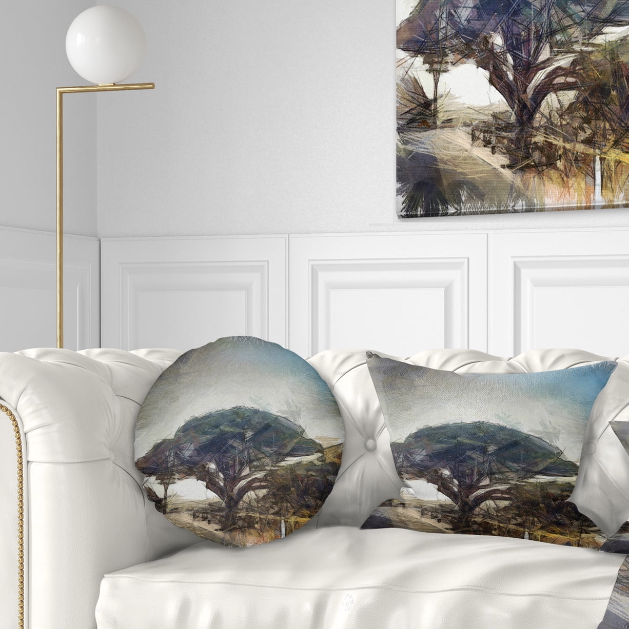 Designart Lonely Oak Tree Watercolor Sketch - Landscape Printed Throw Pillow - 12x20