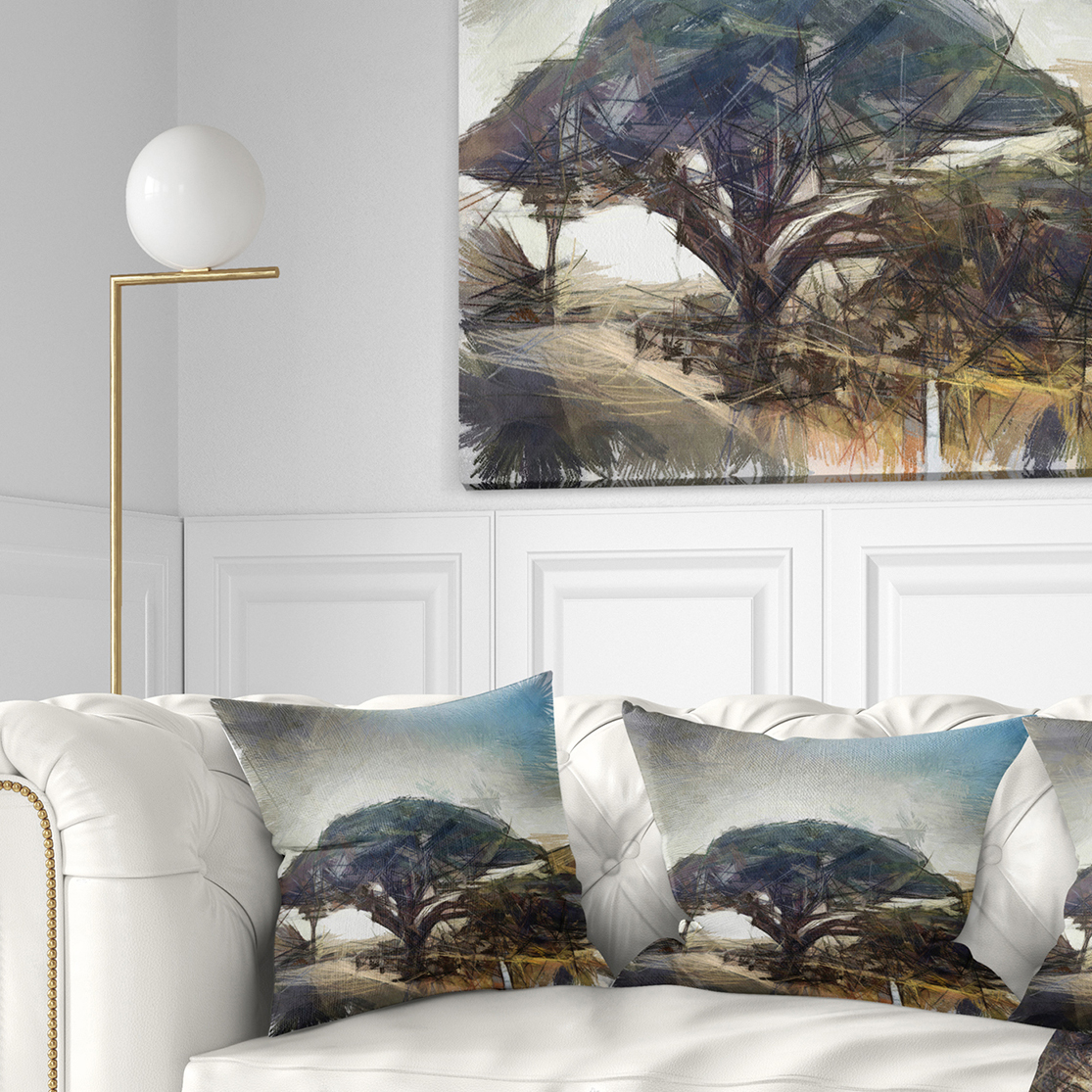 Designart Lonely Oak Tree Watercolor Sketch - Landscape Printed Throw Pillow - 18x18