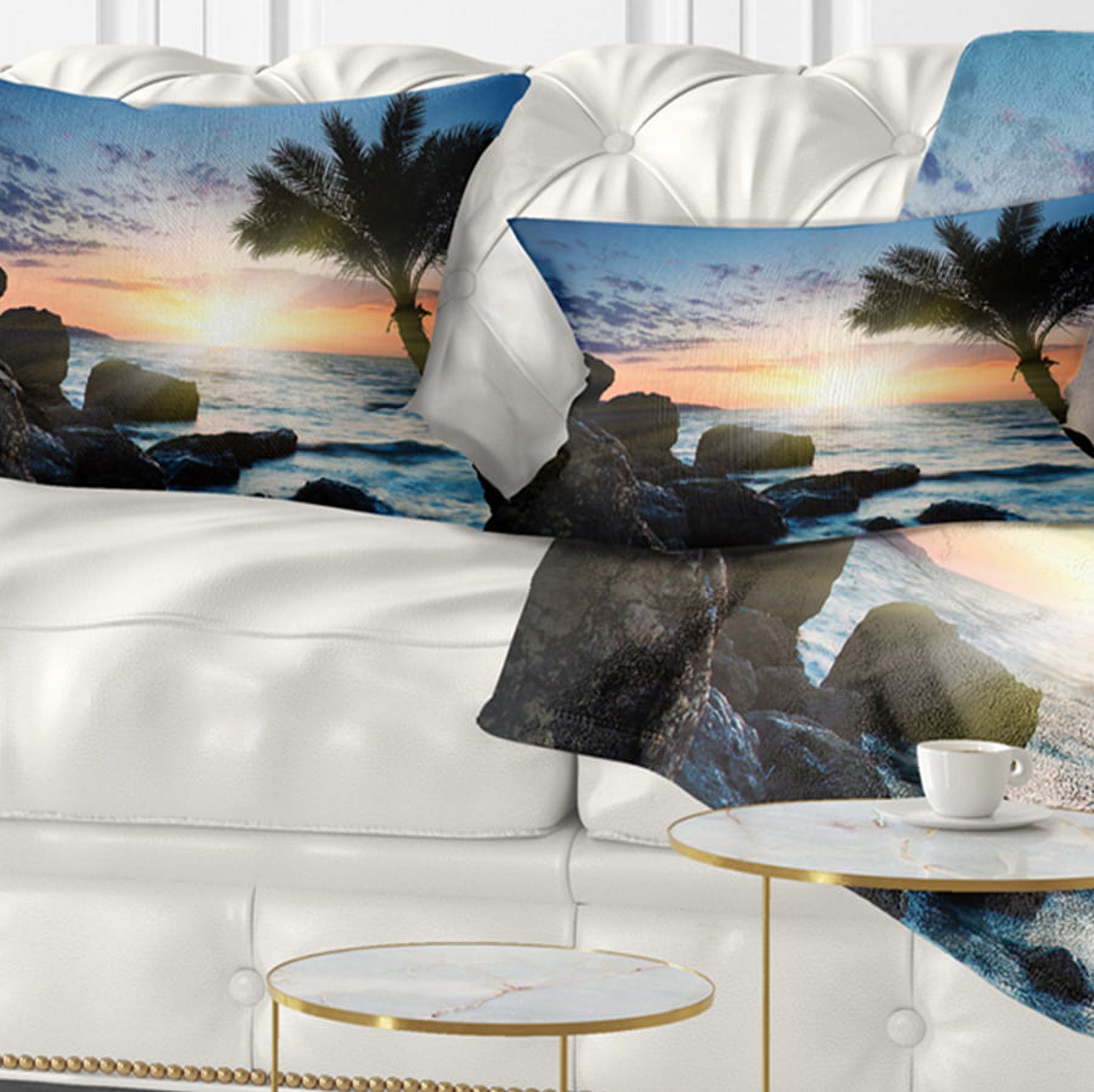 Designart Lonely Palm Tree on Rocky Beach - Modern Seashore Throw Pillow - 12x20