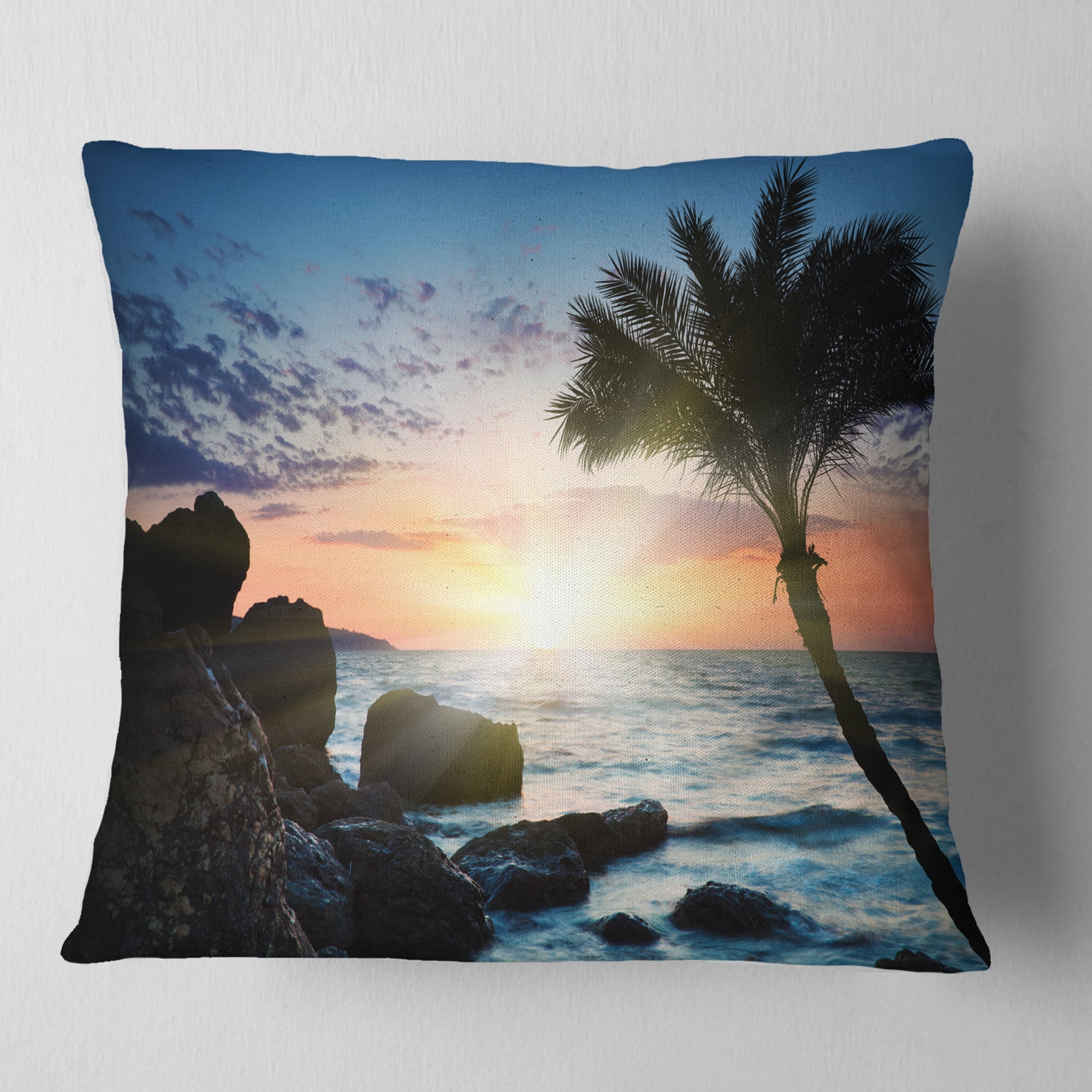Designart Lonely Palm Tree on Rocky Beach - Modern Seashore Throw Pillow - 18x18