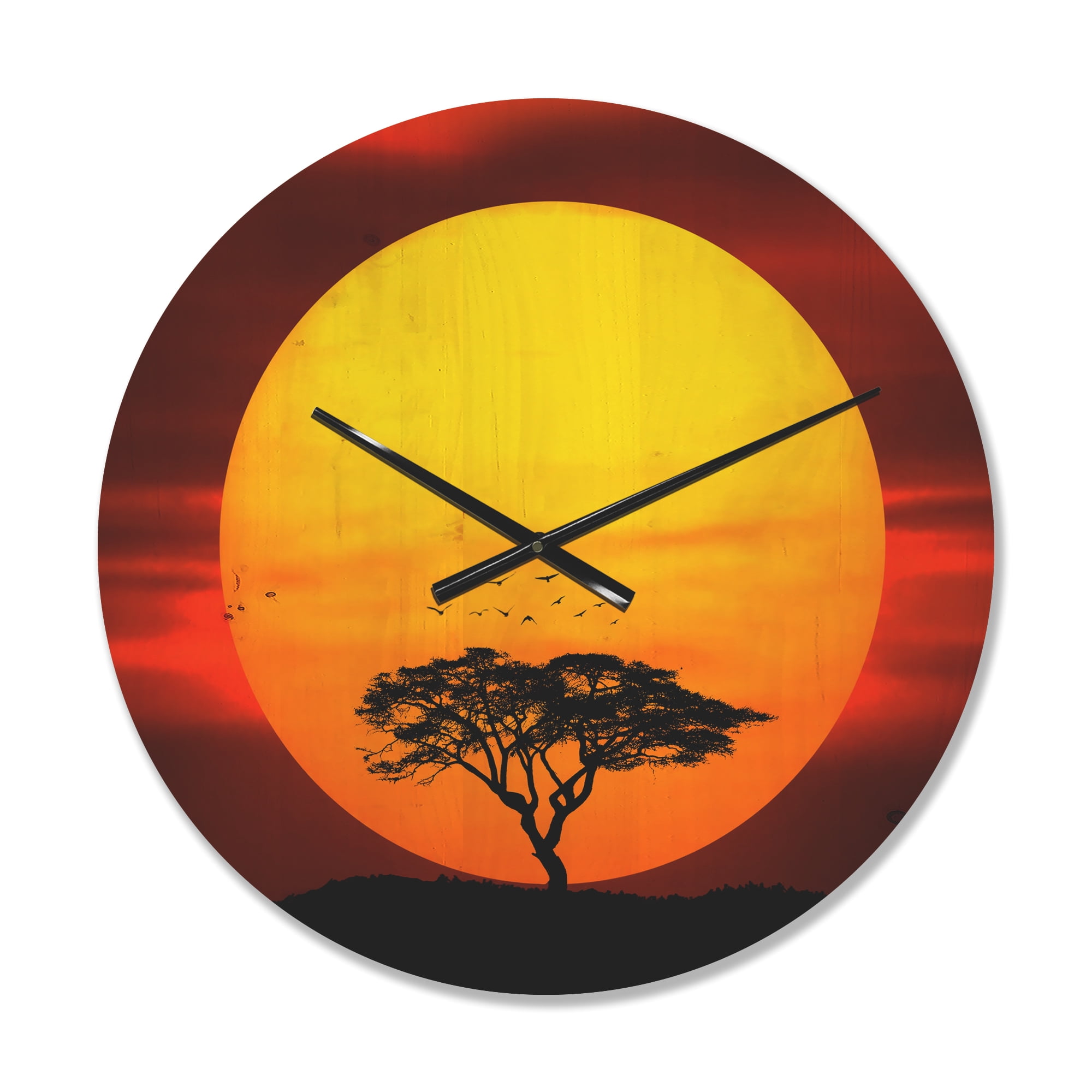 Designart 'Lonely Tree With Birds at Evening Glow' Modern Wood Wall Clock