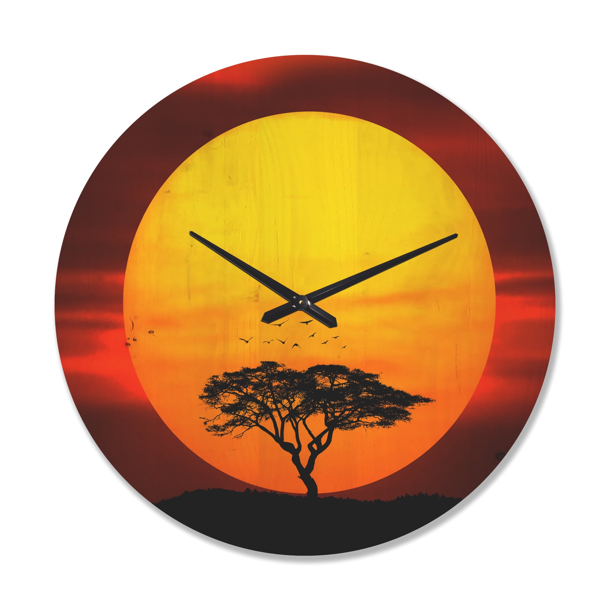 Designart 'Lonely Tree With Birds at Evening Glow' Modern Wood Wall Clock