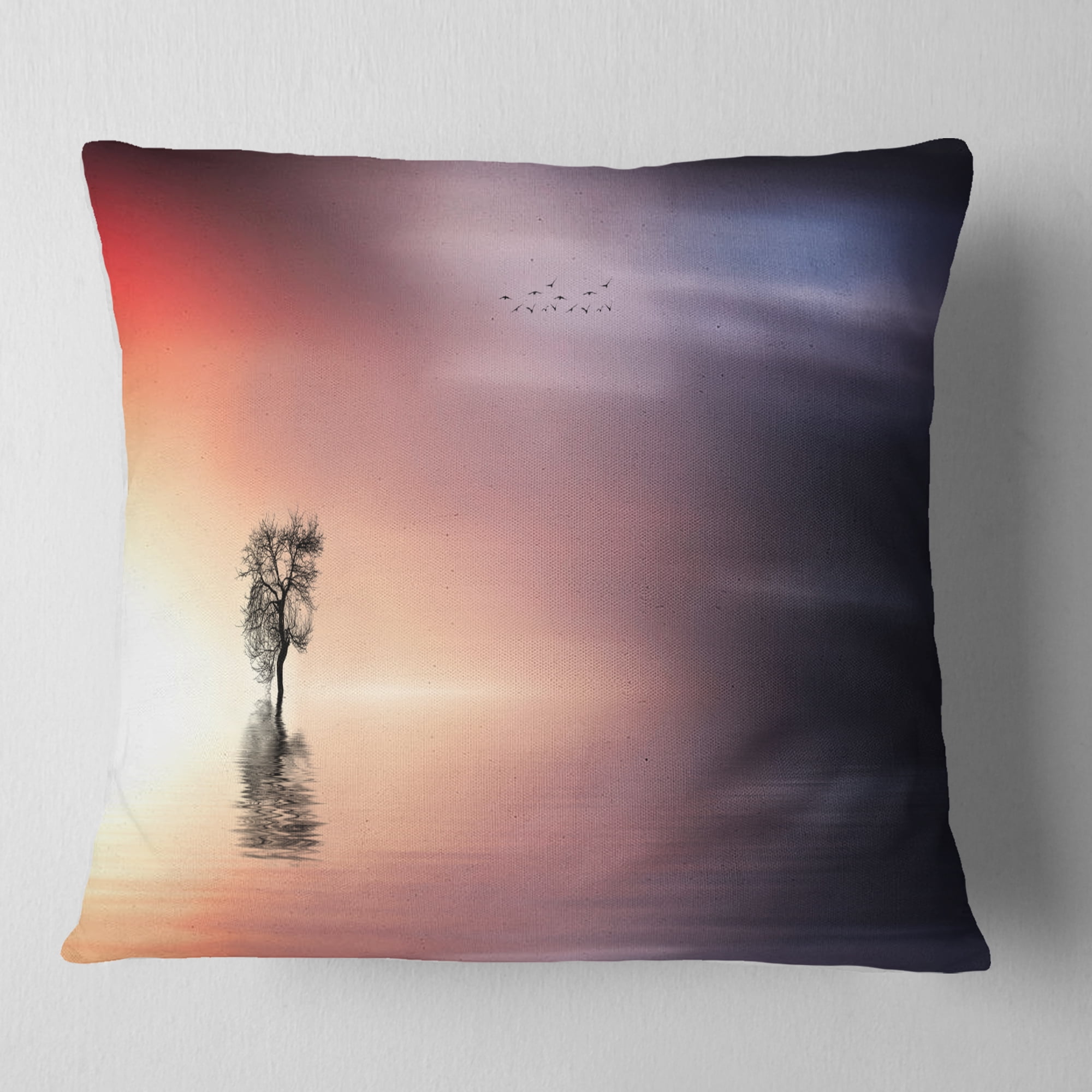 Designart Lonely Tree and Birds Panorama - Landscape Printed Throw Pillow - 16x16