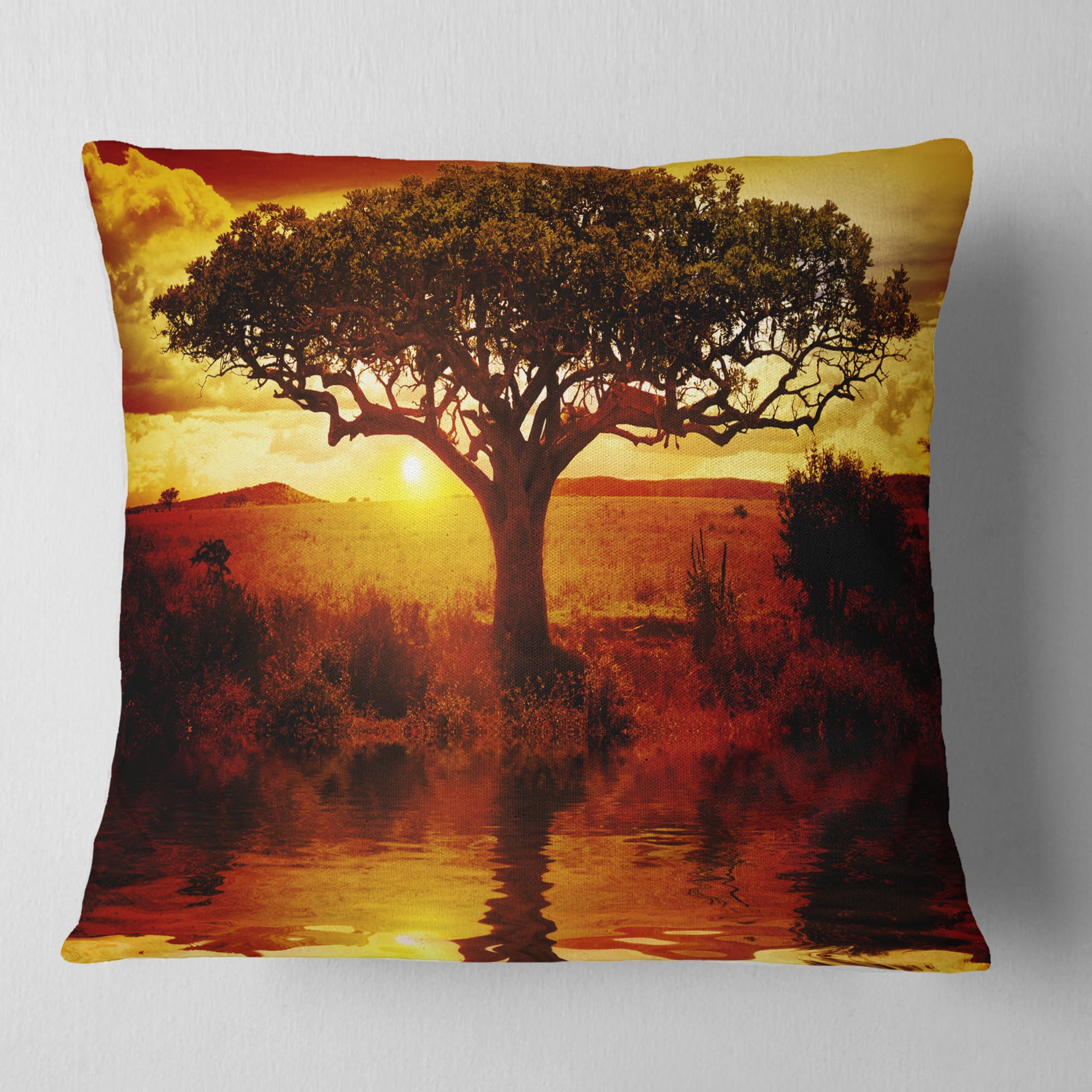 Designart Lonely Tree in African Sunset - African Landscape Printed Throw Pillow - 18x18