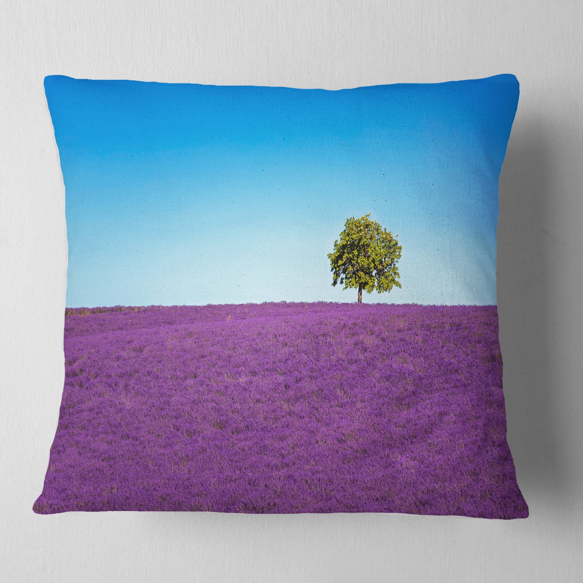 Designart Lonely Tree in Lavender Field - Landscape Wall Throw Pillow - 18x18