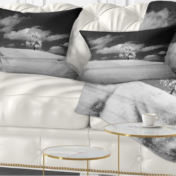 Designart Lonely Tree on Meadow Black White - Landscape Printed Throw Pillow - 12x20