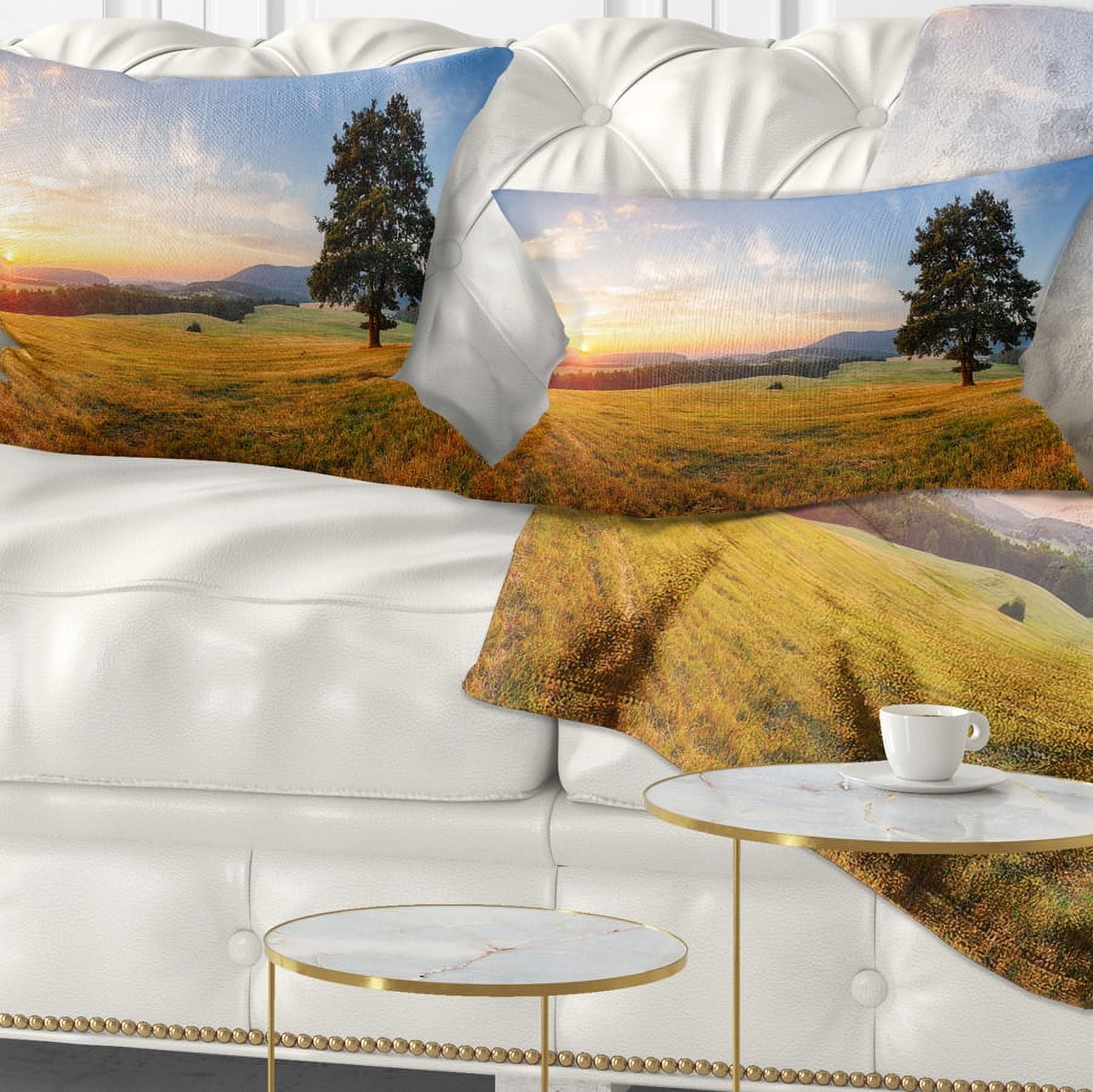 Designart Lonely Tree on Meadow at Sunset - Landscape Photography Throw Pillow - 12x20