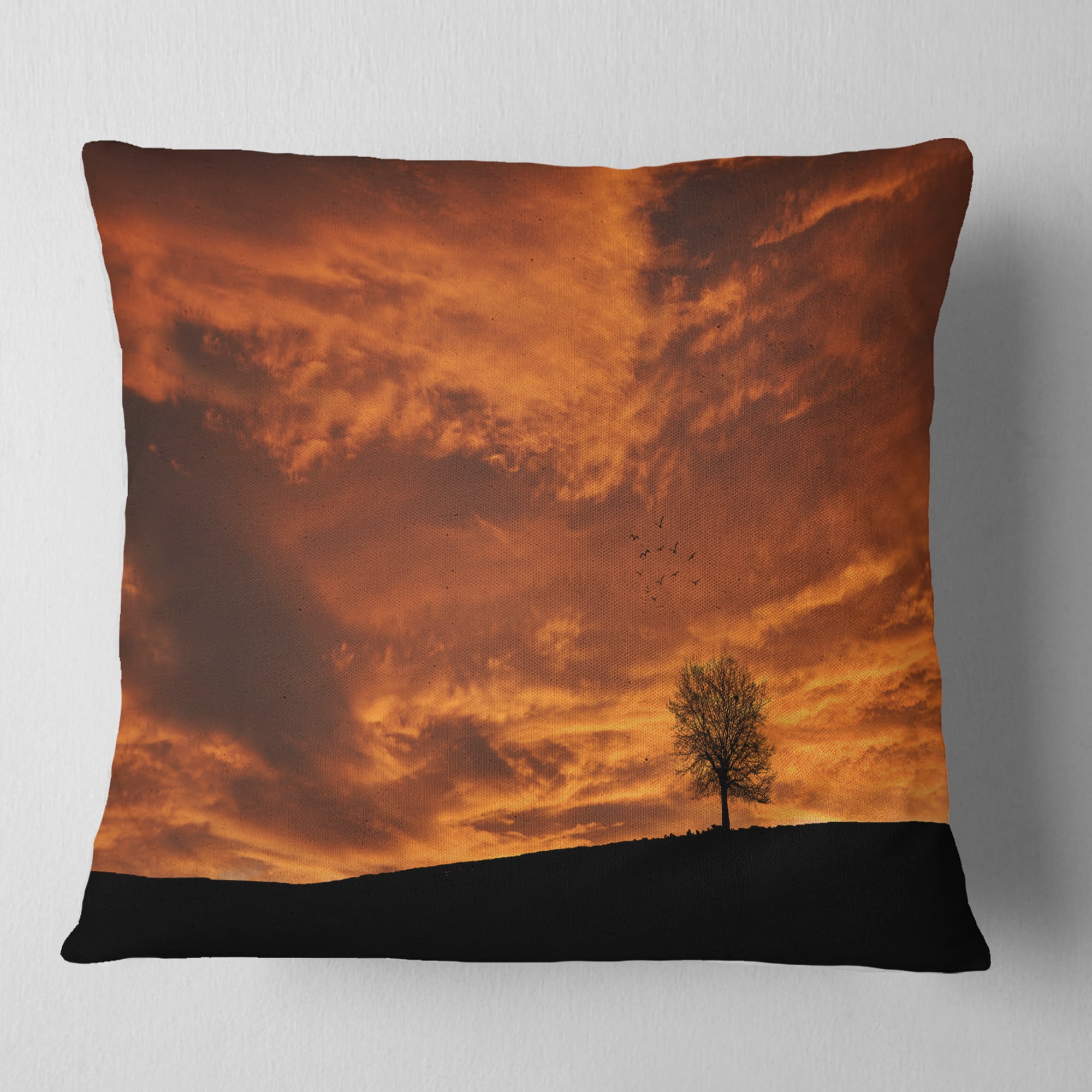 Designart Lonely Tree under Brown Sky - Landscape Printed Throw Pillow - 16x16