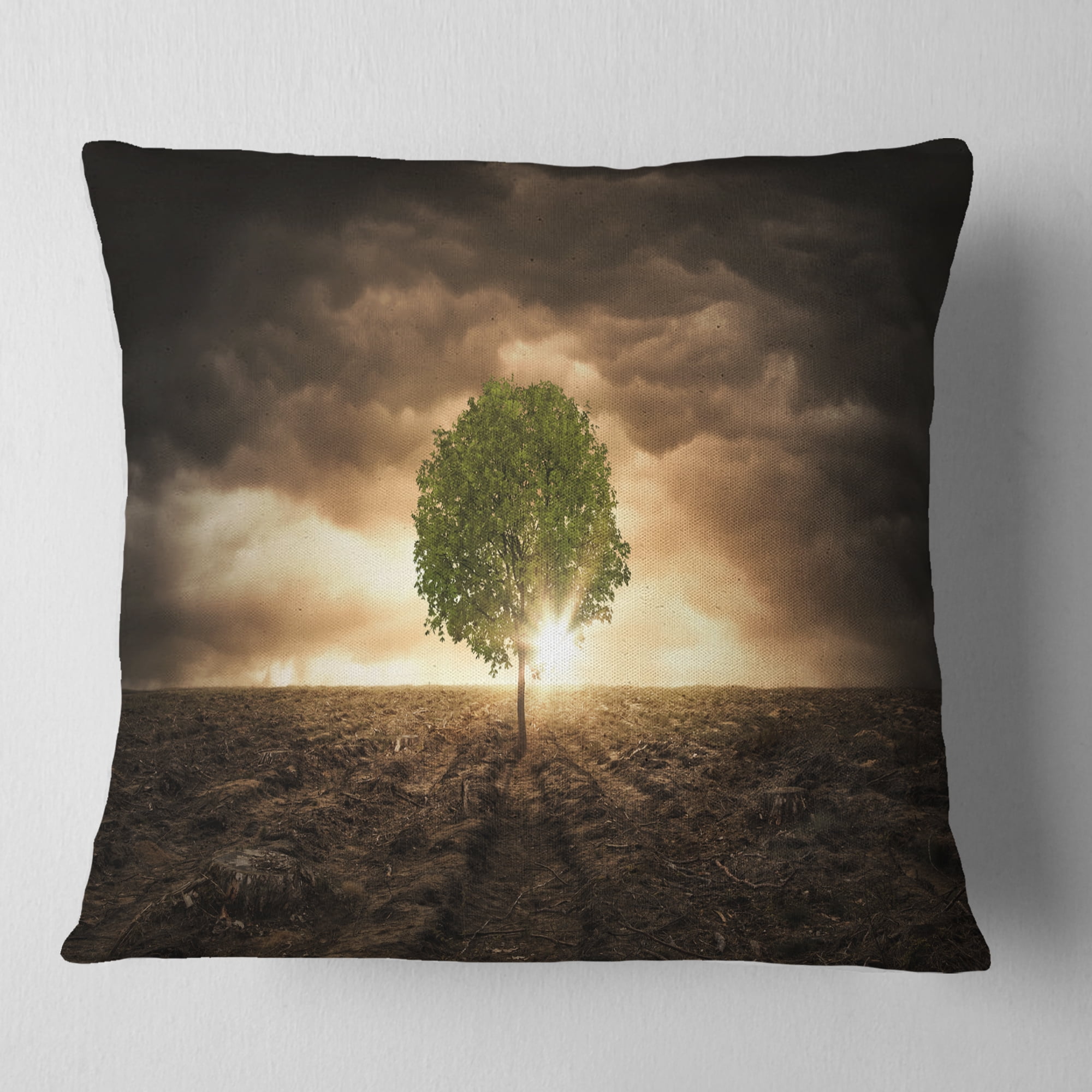 Designart Lonely Tree under Dramatic Sky - Landscape Printed Throw Pillow - 18x18