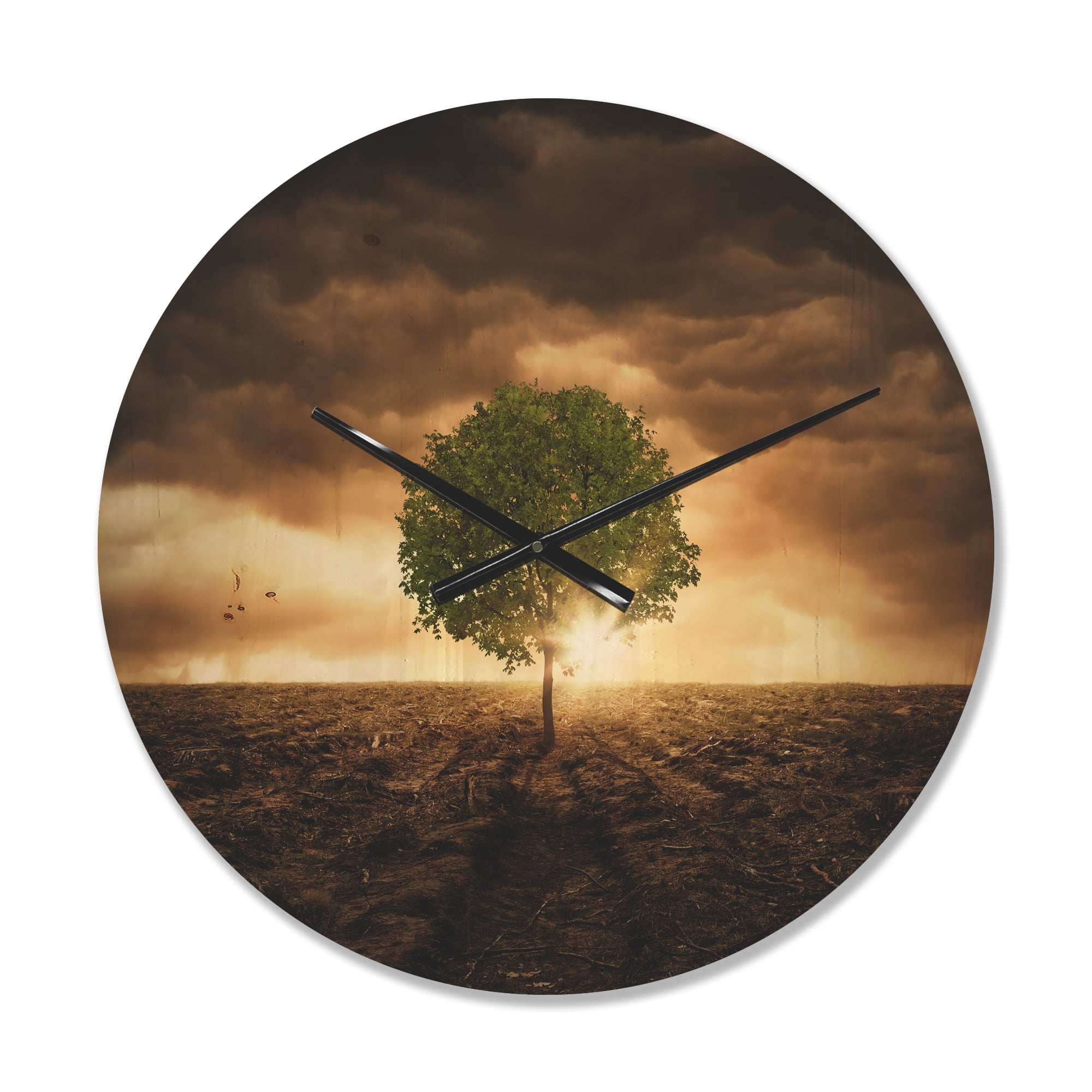 Designart 'Lonely Tree under Dramatic Sky at Evening Glow' Modern Wood Wall Clock