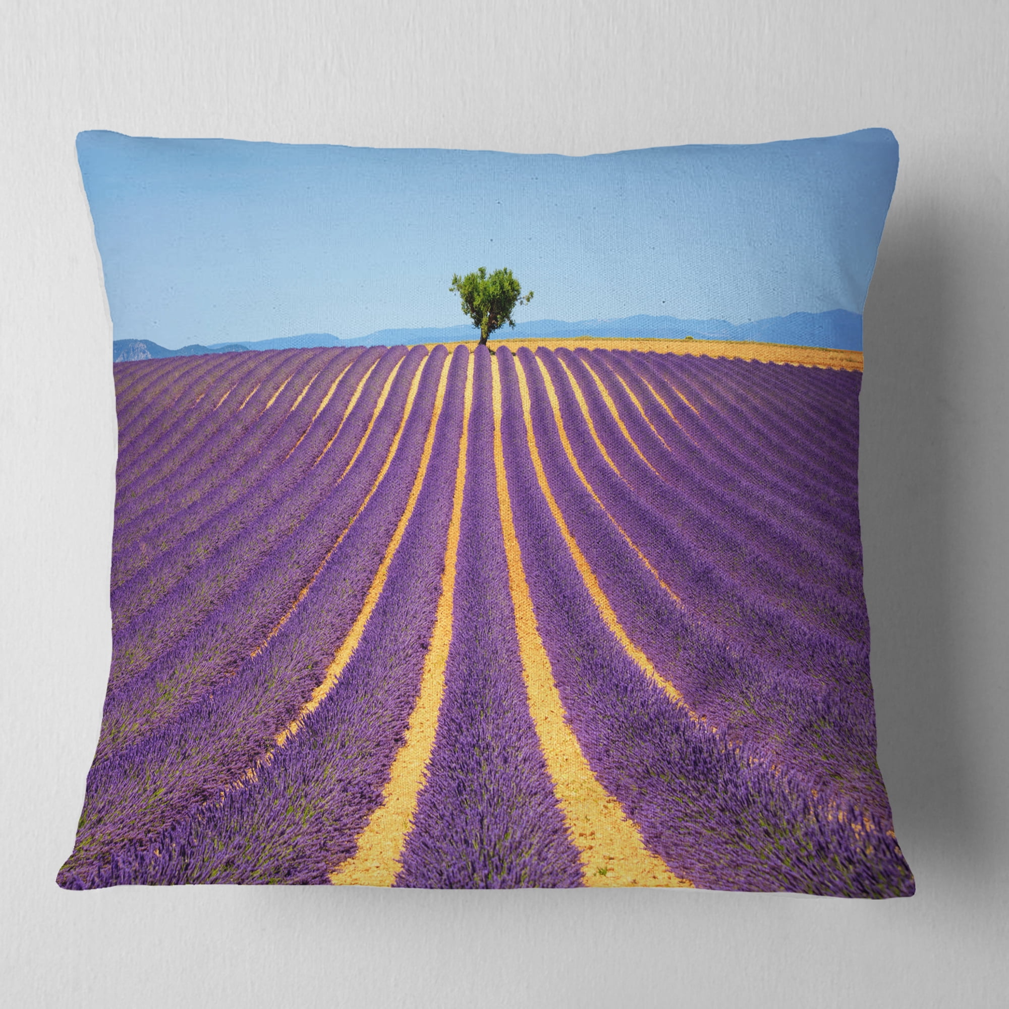 Designart Lonely Uphill Tree in Lavender Field - Landscape Wall Throw Pillow - 18x18